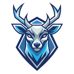 Intricate blue deer emblem gazes forward with stylized antlers and bold geometric shapes