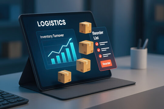 Logistics inventory management concept with digital tablet showing inventory turnover graph and reorder list with cardboard boxes on office desk