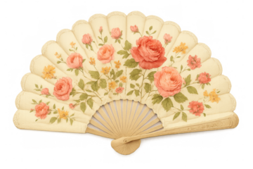 Delicate hand fan adorned with pink rose motifs, displaying vintage sophistication against transparent backdrop