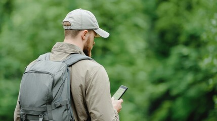Forest ranger with backpack using GPS device in lush green woods, contributing to wildlife tracking and eco preservation efforts