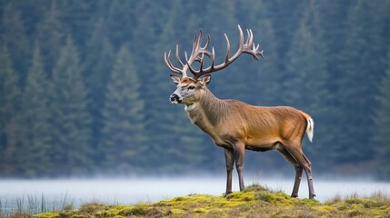 Obraz premium Majestic deer standing in its natural habitat. This magnificent creature, with its impressive antlers, is a true symbol of wilderness and beauty. It embodies strength and grace.