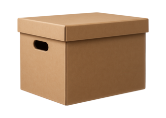 Cardboard storage box with a reinforced bottom for archiving documents in a home office.