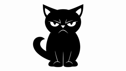 Illustration of a black cat with a grumpy expression sitting upright with its tail curled to the side