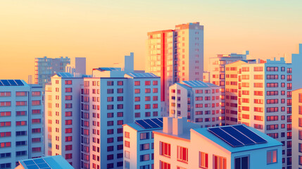 Urban skyline during sunset with solar panels on building roofs in a modern city