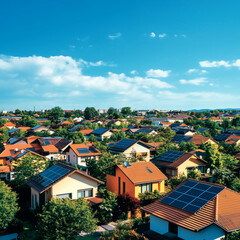 Residential neighborhood with solar panels and lush greenery under a clear blue sky
