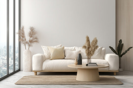 Cozy boho-chic living room with a white sofa and wooden coffee table, bathed in natural light from large windows