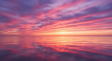 Beautiful Sunset Sky Over Calm Ocean with Pink Purple Clouds and Reflection