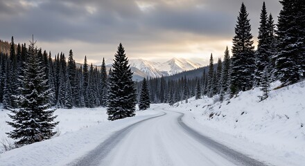 Snowy Mountain Road Surrounded by Pine Trees Under Cloudy Sky