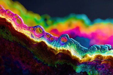 A colorful, abstract painting of a rock with a rainbow of colors
