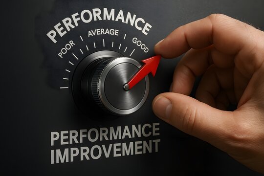 Performance improvement average good poor hand arrow dial knob business management success increase