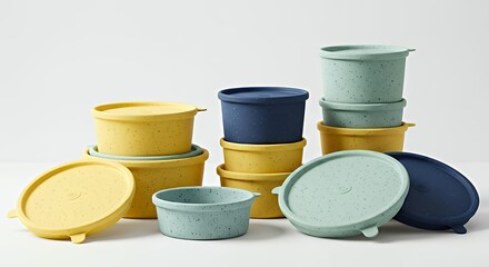 Colorful Plastic Storage Containers with Lids in Yellow Blue and Green on White Background