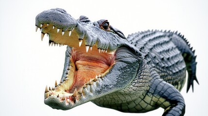 Obraz premium A close-up view of a crocodile with an open mouth, revealing sharp teeth and a textured skin