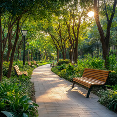 Pathway through a green park filled with sunlight and benches in the late afternoon