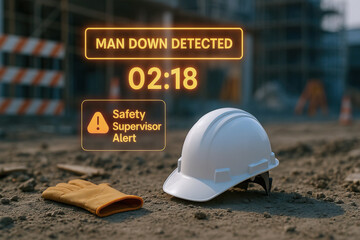 Man down detected alert with safety supervisor warning displayed over construction site with white hard hat and yellow glove on dirt ground, urgent safety concept