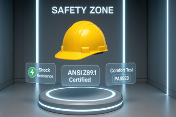 Yellow safety helmet floating in futuristic safety zone with shock resistance and comfort test certification glowing in modern room