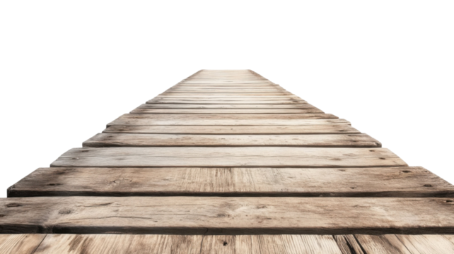 Rustic old wooden bridge structure with weathered planks and vintage countryside charm isolated on white background