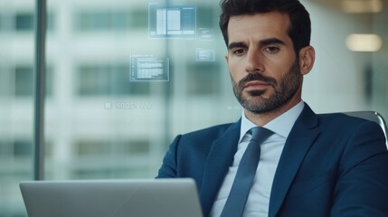 Fototapeta premium A focused businessman working on his laptop in a modern office. He is deep in concentration, with data visualizations overlaying in the background