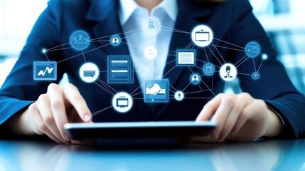 An elegant professional using a tablet, surrounded by modern technology concept graphic. A network of connected icons and digital symbols float around, showcasing business, data and communication