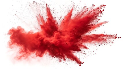 Explosion of vibrant red powder against a stark white background view