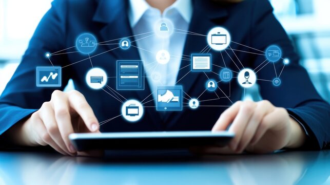 An elegant professional using a tablet, surrounded by modern technology concept graphic. A network of connected icons and digital symbols float around, showcasing business, data and communication