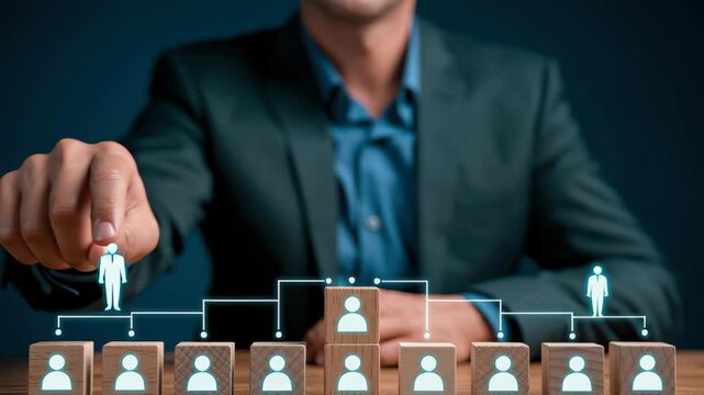 Businessman selecting leader from organizational hierarchy structure with glowing icons on wooden blocks, team management and leadership concept.