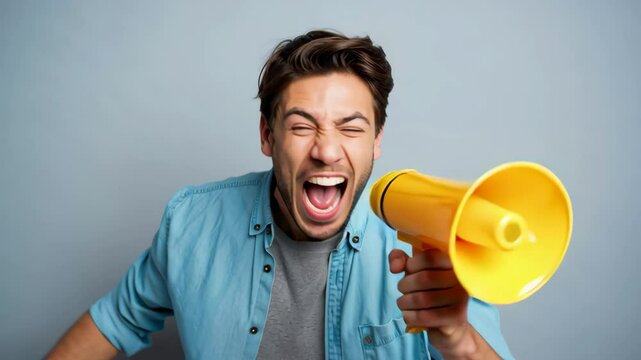 Excited young man holding yellow megaphone and pointing forward while smiling on gray background, ideal for marketing and advertising announcements.