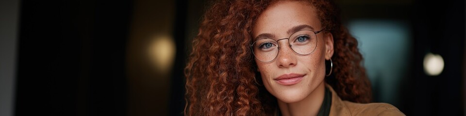 Obraz premium Young caucasian female with curly red hair and glasses smiling