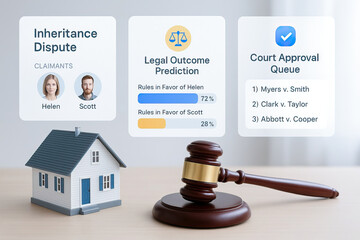 Inheritance dispute legal outcome prediction shows claimant favor percentages with court approval queue, gavel and house model symbolizing property and justice decision process