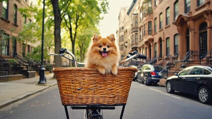 Happy pomeranian sits in a bike basket on a sunny day in a vibrant city neighborhood with brownstone buildings