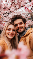 Couple enjoys a joyful moment among cherry blossoms in full bloom during springtime
