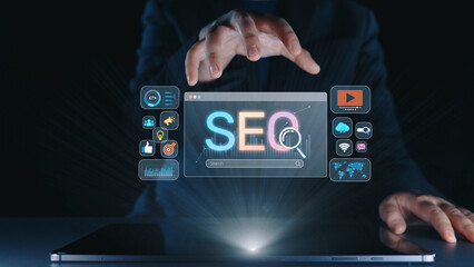 SEO concept for improving SEO visibility, with SEO related digital tools and SEO performance icons...