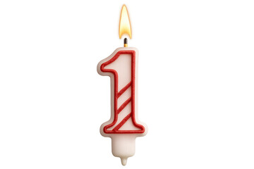 Burning striped number one birthday candle against transparent background, highlighting festive first birthday milestone