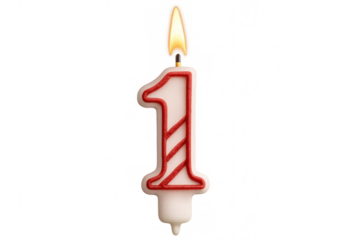 Burning striped number one birthday candle against transparent background, highlighting festive first birthday milestone