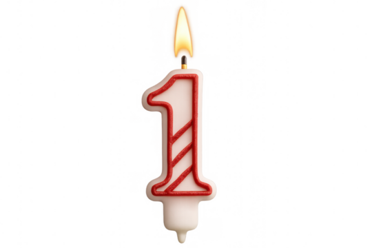 Burning striped number one birthday candle against transparent background, highlighting festive first birthday milestone
