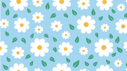 Obraz premium Daisy flower pattern with white petals and yellow centers on a light blue background with green leaves