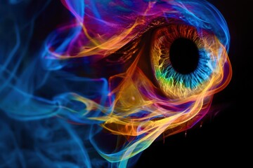 A colorful eye with a black pupil is surrounded by smoke