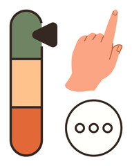 Hand interacting with vertical slider for adjustment, adjacent to a three-dot menu icon. Ideal for interface design, settings, manipulation, tuning, choices, accessibility, simple flat metaphor