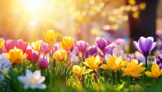 a vibrant outdoor scene of spring flowers illuminated by sunlight celebrating the joy of springtime