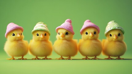 Five adorable yellow chicks wearing knitted hats ready for easter against a vibrant green photo background