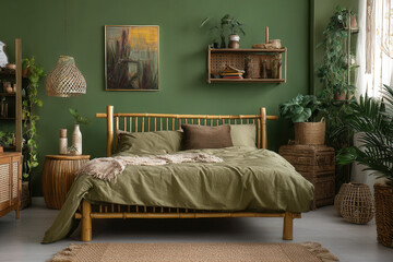 Cozy maximalist bedroom featuring bamboo bed and wooden accents with lush greenery and serene decor for relaxation