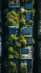 Rooftop gardens with solar panels in an urban setting during daylight hours