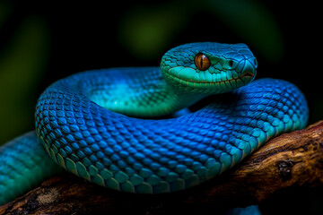 Obraz premium Striking blue viper snake coiled on a branch in a close up