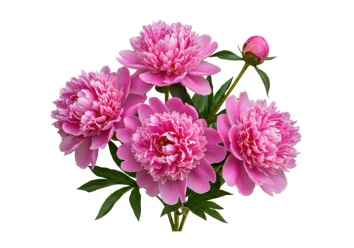 Vibrant, lush pink peony flower arrangement with a developing bud and dark green leaves, centrally positioned against a clean, transparent background