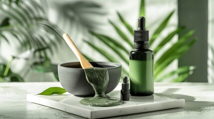 Natural Skincare Still Life Displaying Mask, Bowl, Spoon, and Serum Bottle, set against a Botanical Backdrop for a Spa Aesthetic.