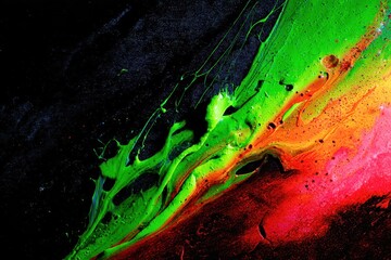 A painting of a green, red, and yellow line with a black background