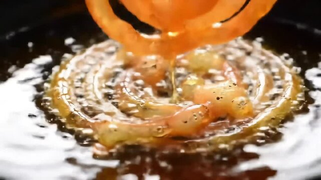 Deep-fried swirls cooking in oil