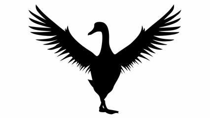 Silhouette of a goose with wings spread wide against a white background in a simple illustration