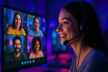 Connected Conversations: A woman engages in a lively video conference with diverse colleagues, radiating joy and facilitating seamless remote collaboration, captured within a vibrant setting.