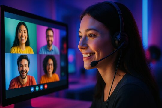 Virtual Connection: A captivating image portrays a young woman, illuminated by the soft glow of her computer screen, engaged in a dynamic video conference.