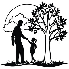 Father holding daughter’s hand under a tree during sunset silhouette